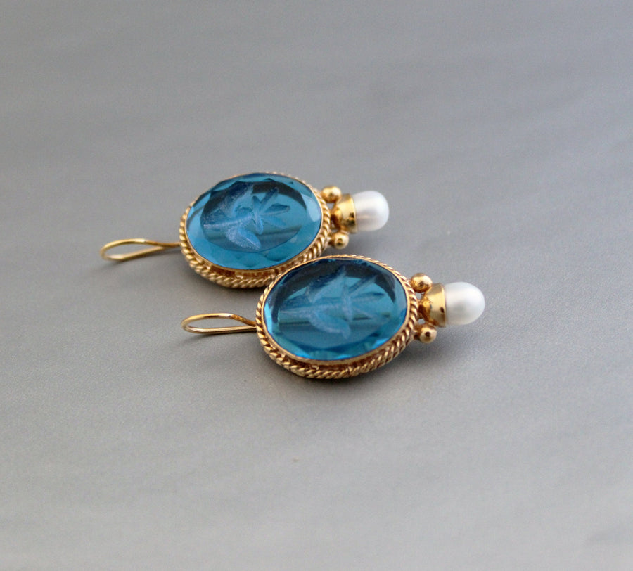 Blue Glass Intaglio Earrings, Art Deco Pearl Drops, 18K Gold Vermeil, photo 6