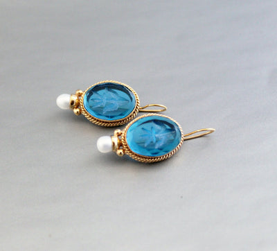 Blue Glass Intaglio Earrings, Art Deco Pearl Drops, 18K Gold Vermeil, photo 8