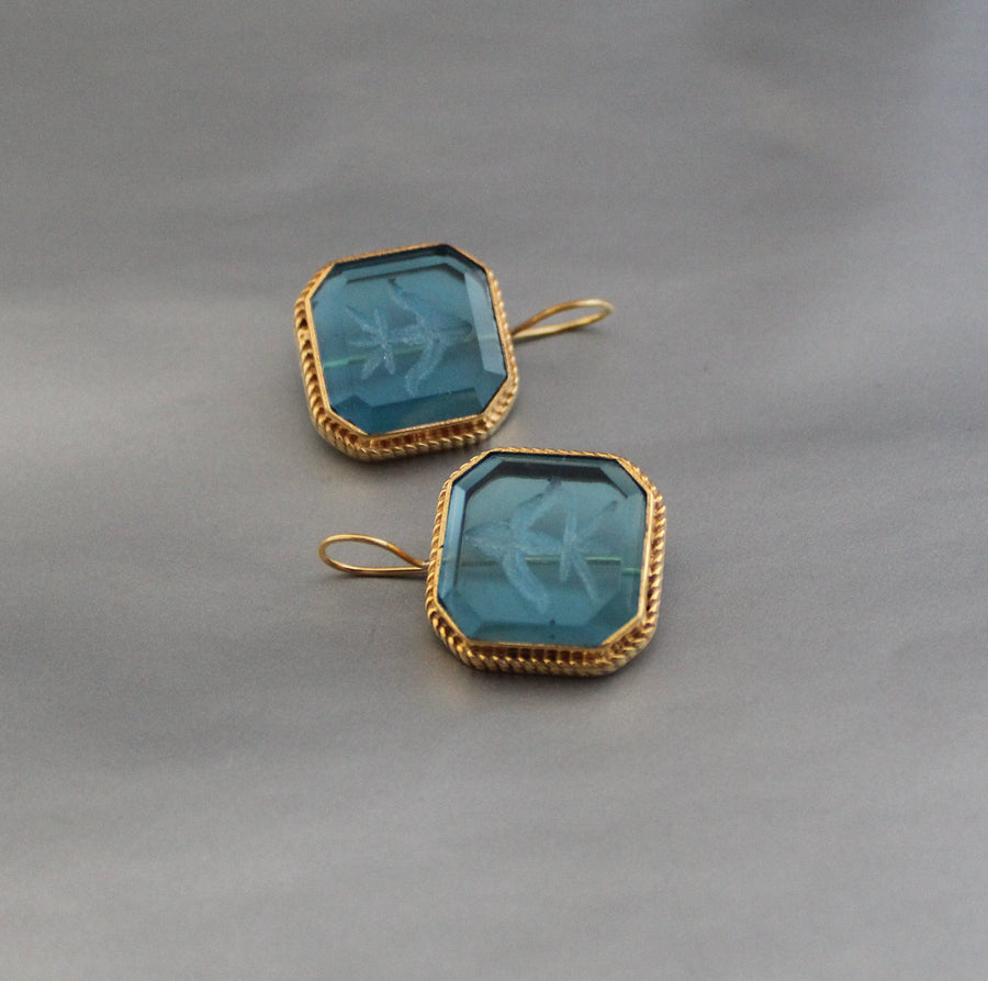 Blue Intaglio Glass Earrings, Victorian Style, Brass, photo 8