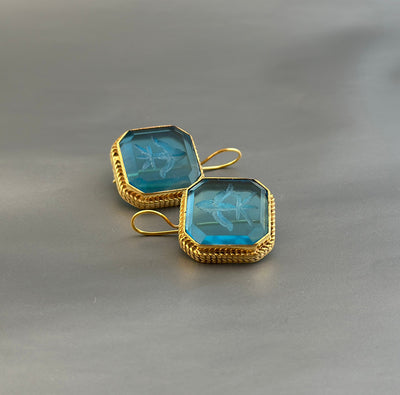 Blue Intaglio Glass Earrings, Victorian Style, Brass, photo 9