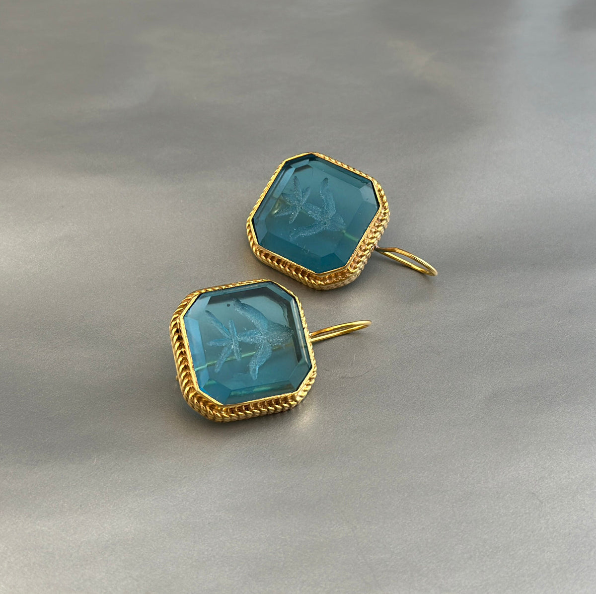 Blue Intaglio Glass Earrings, Victorian Style, Brass, photo 10