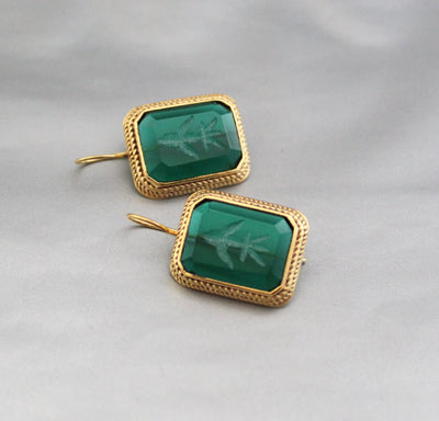 Green Intaglio Glass Earrings, Art Deco Style, Brass, photo 6
