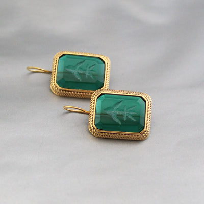 Green Intaglio Glass Earrings, Art Deco Style, Brass, photo 7
