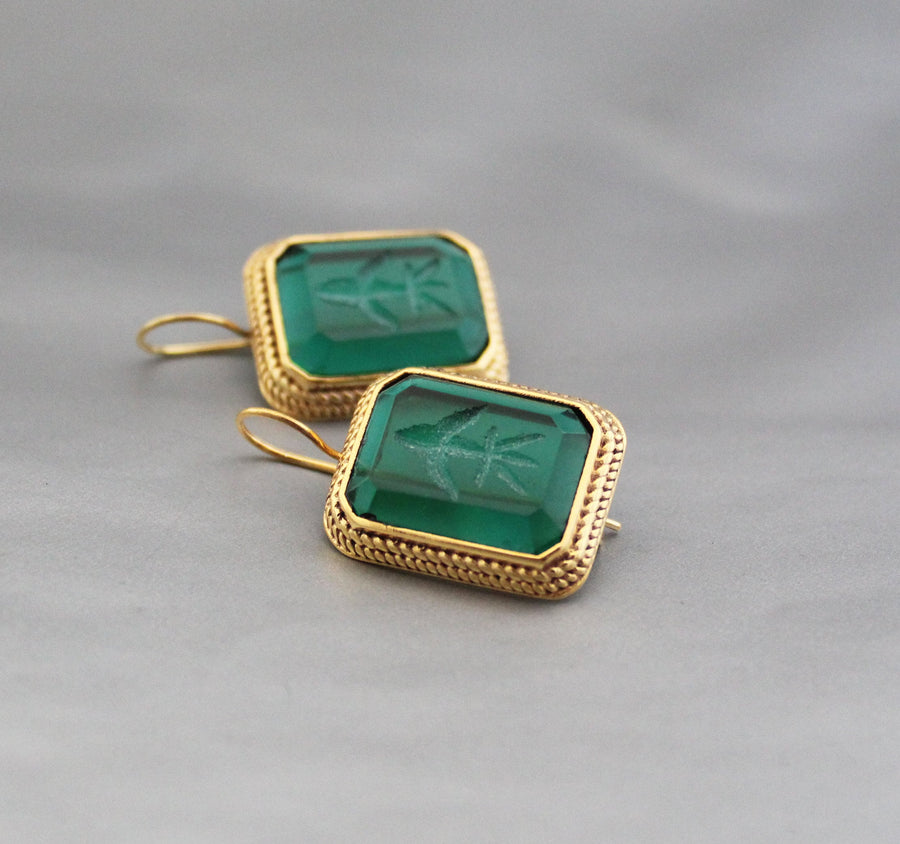Green Intaglio Glass Earrings, Art Deco Style, Brass