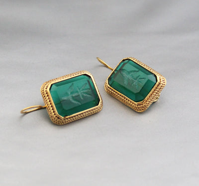 Green Intaglio Glass Earrings, Art Deco Style, Brass, photo 11