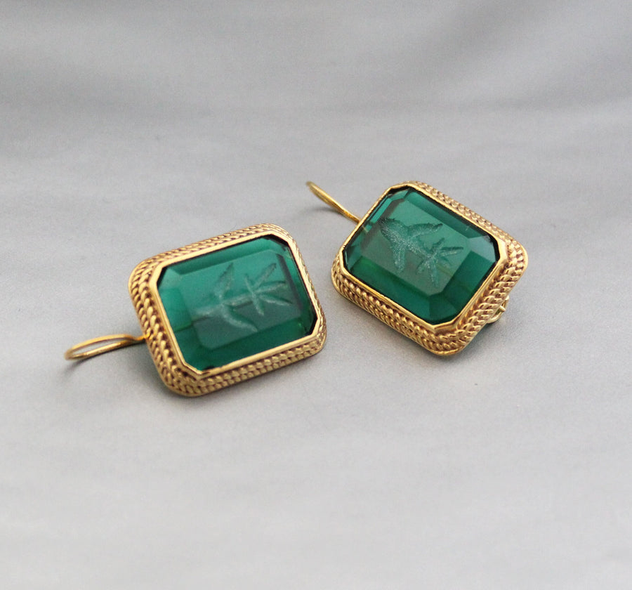 Green Intaglio Glass Earrings, Art Deco Style, Brass, photo 11