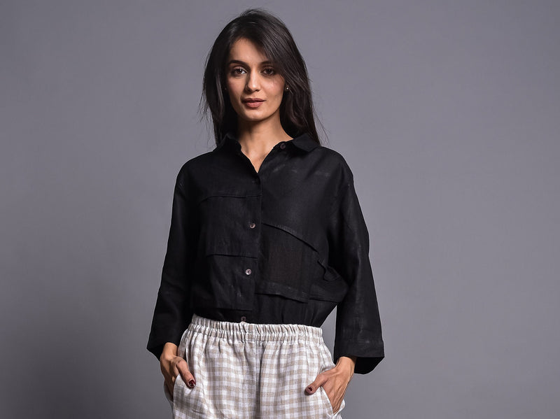 Black Linen Collared Button Shirt, photo 4