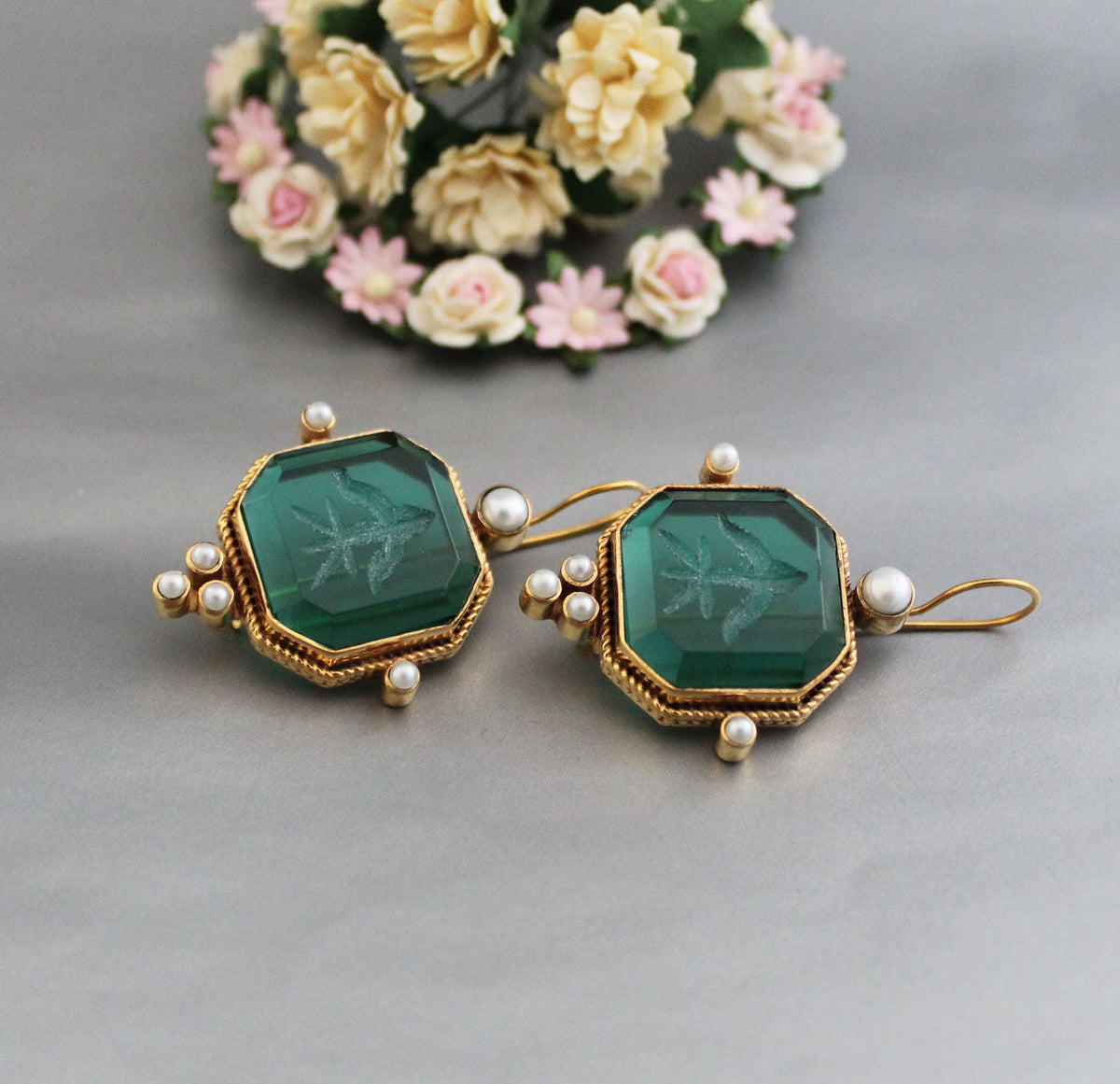 Green Square Intaglio Earrings, 1920s Art Deco Style, Gold Plated