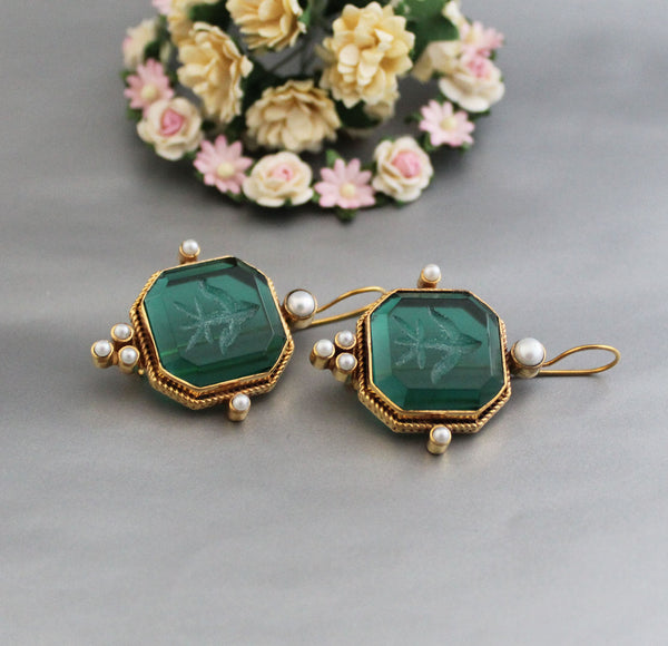 Green Square Intaglio Earrings, 1920s Art Deco Style, Gold Plated