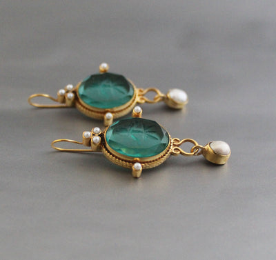 Green Intaglio Earrings, Victorian Style, 18K Gold, photo 2