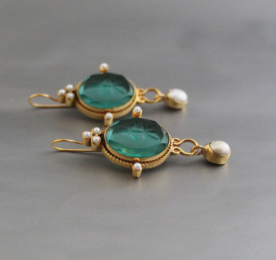 Green Intaglio Earrings, Victorian Style, 18K Gold, photo 2