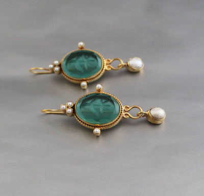 Green Intaglio Earrings, Victorian Style, 18K Gold, photo 4