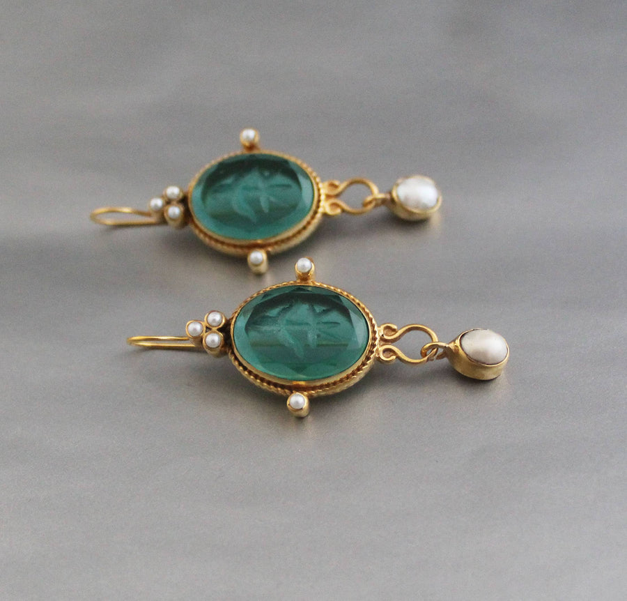 Green Intaglio Earrings, Victorian Style, 18K Gold, photo 4