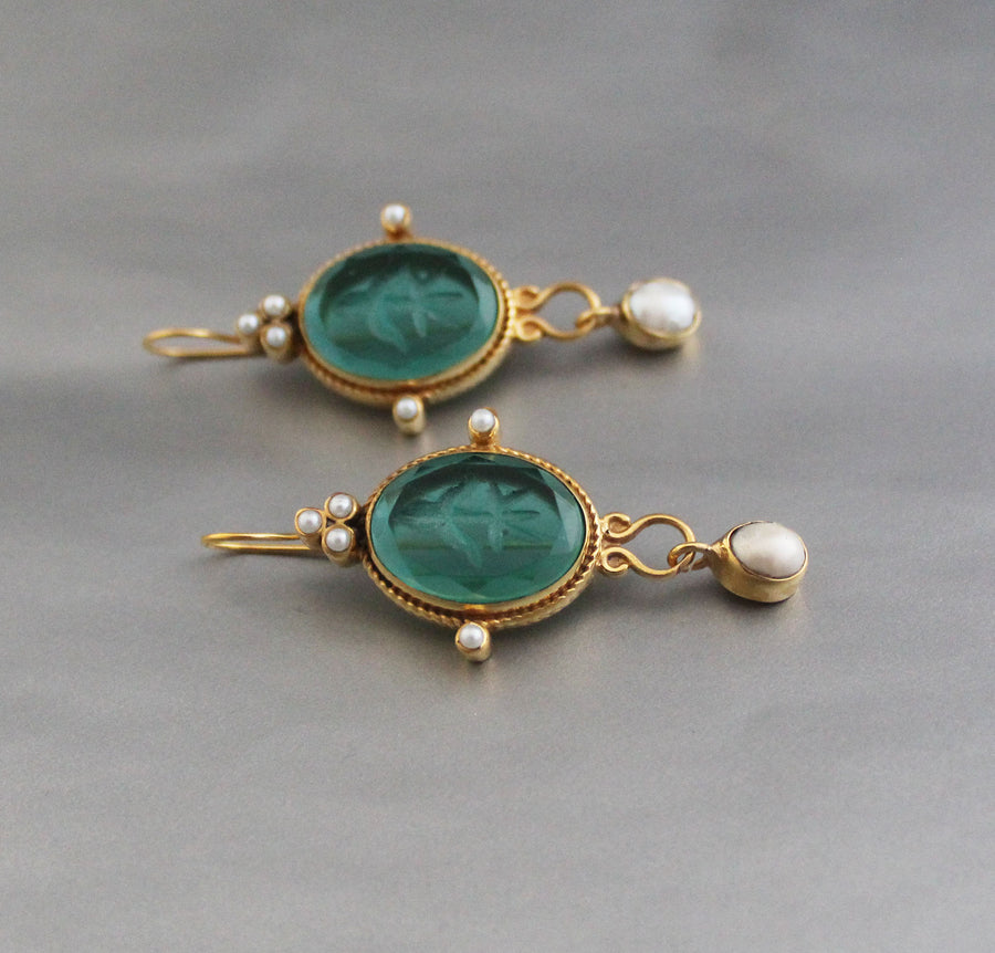 Green Intaglio Earrings, Victorian Style, 18K Gold, photo 8