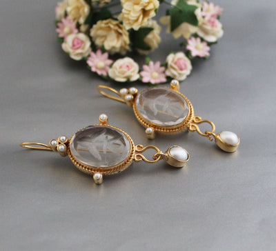 Intaglio Glass Earrings, Roman Style, Gold Vermeil with Pearls, photo 10