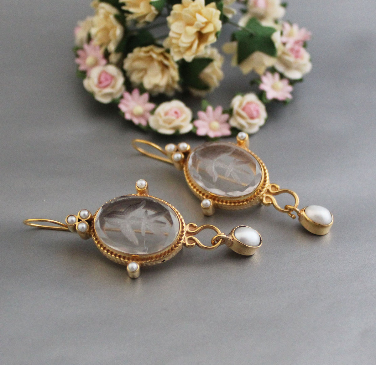 Intaglio Glass Earrings, Roman Style, Gold Vermeil with Pearls