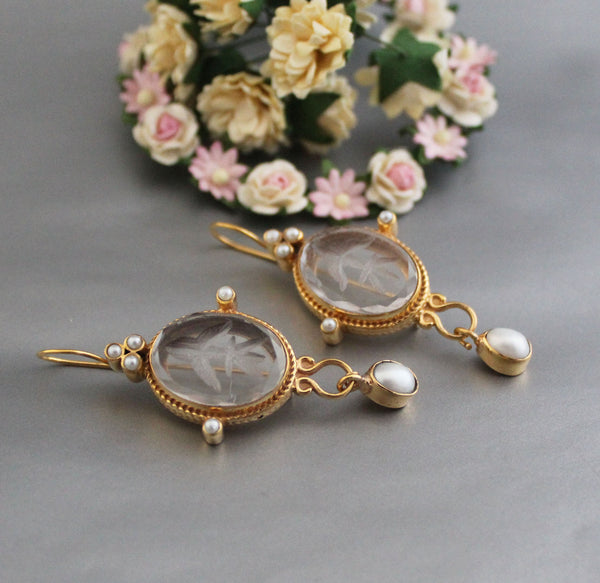 Intaglio Glass Earrings, Roman Style, Gold Vermeil with Pearls
