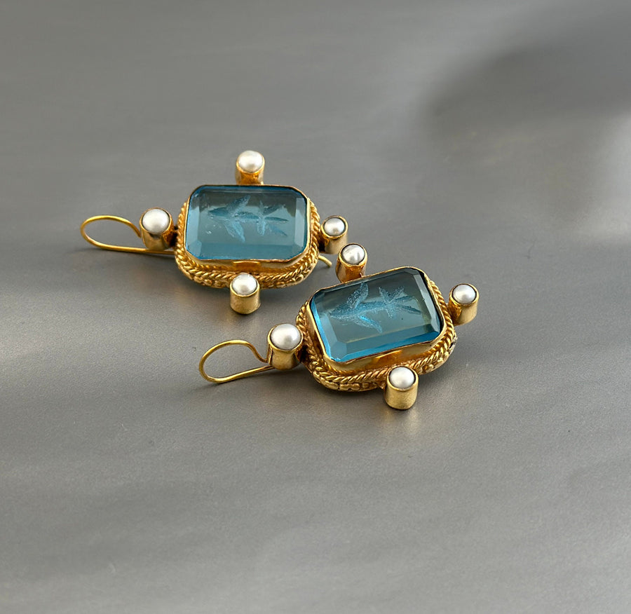 Blue Rectangular Intaglio Earrings, Something Blue Bridal, Gold Plated, photo 9