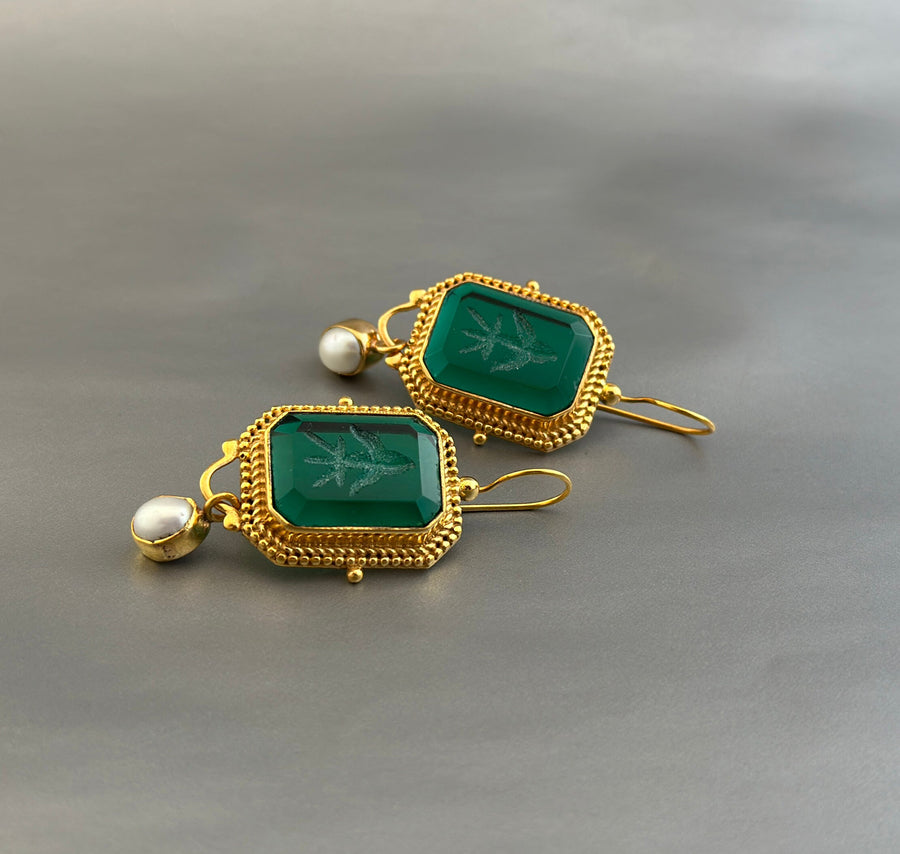 Green Intaglio Glass Drop Earrings, Victorian Style, Gold and Pearl, photo 7