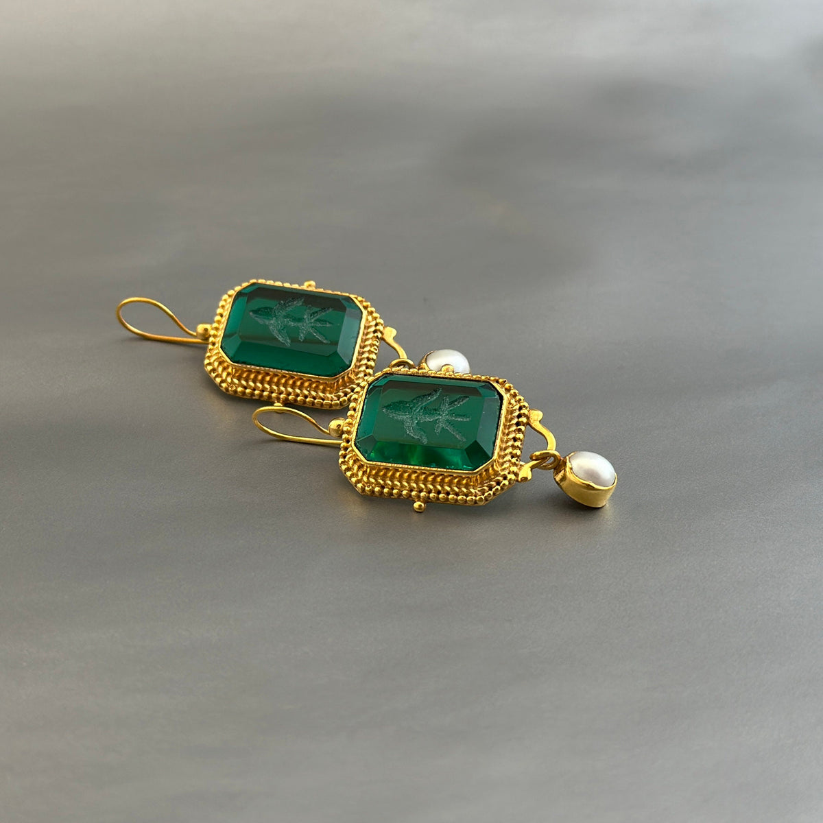 Green Intaglio Glass Drop Earrings, Victorian Style, Gold and Pearl, photo 6