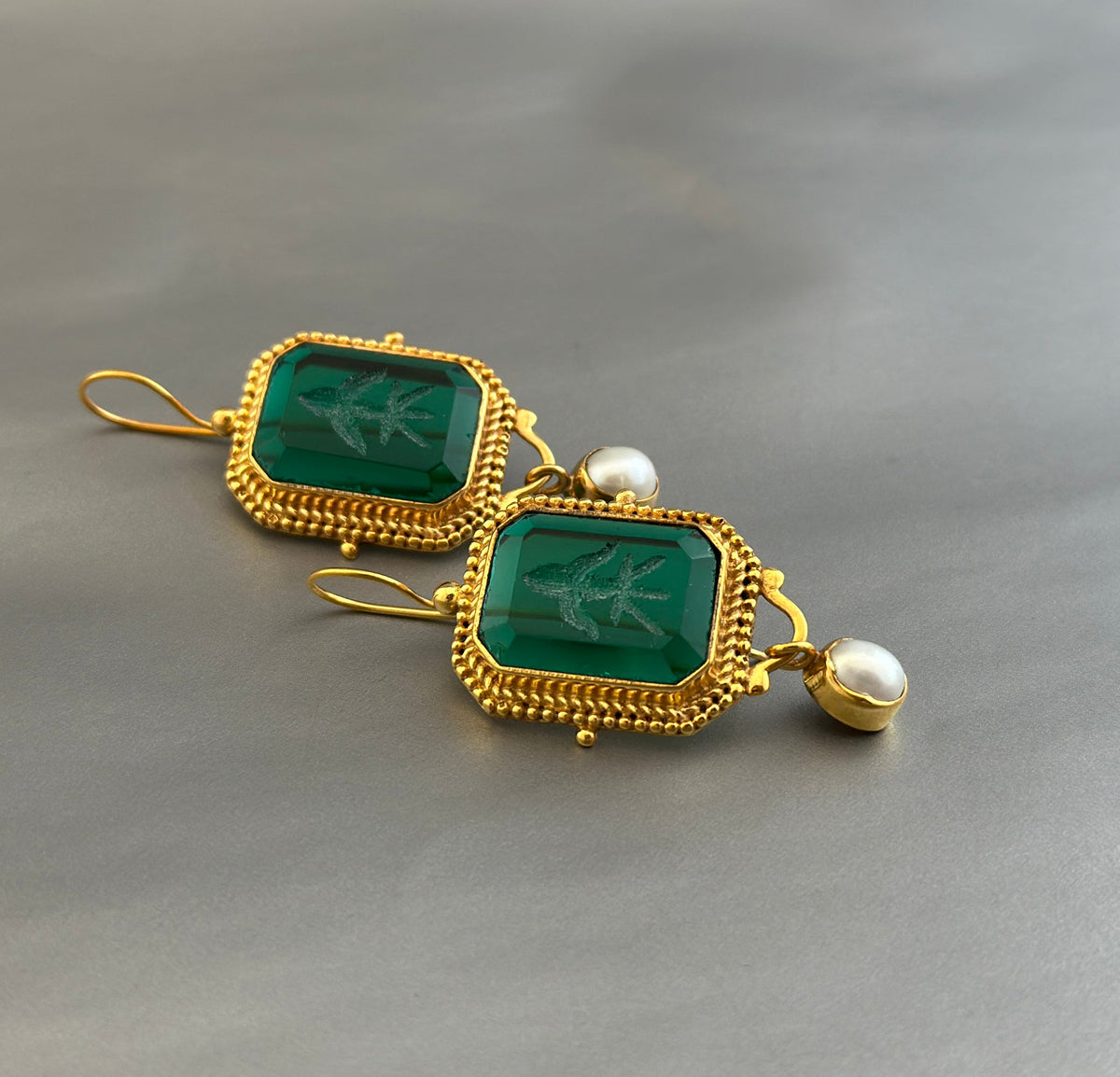 Green Intaglio Glass Drop Earrings, Victorian Style, Gold and Pearl, photo 5