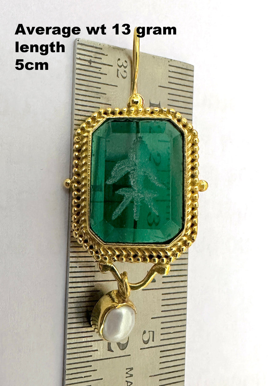 Green Intaglio Glass Drop Earrings, Victorian Style, Gold and Pearl, photo 3