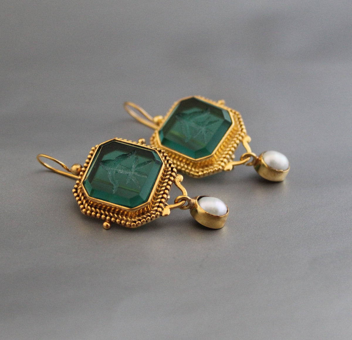 Green Intaglio Earrings, Edwardian Style, 18K Gold, photo 10