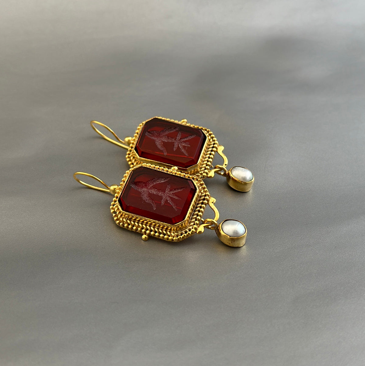 Red Glass Intaglio Earrings, Roman Style, 18K Gold, photo 6