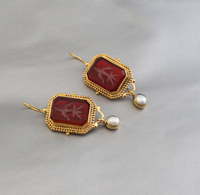 Red Glass Intaglio Earrings, Roman Style, 18K Gold, photo 10