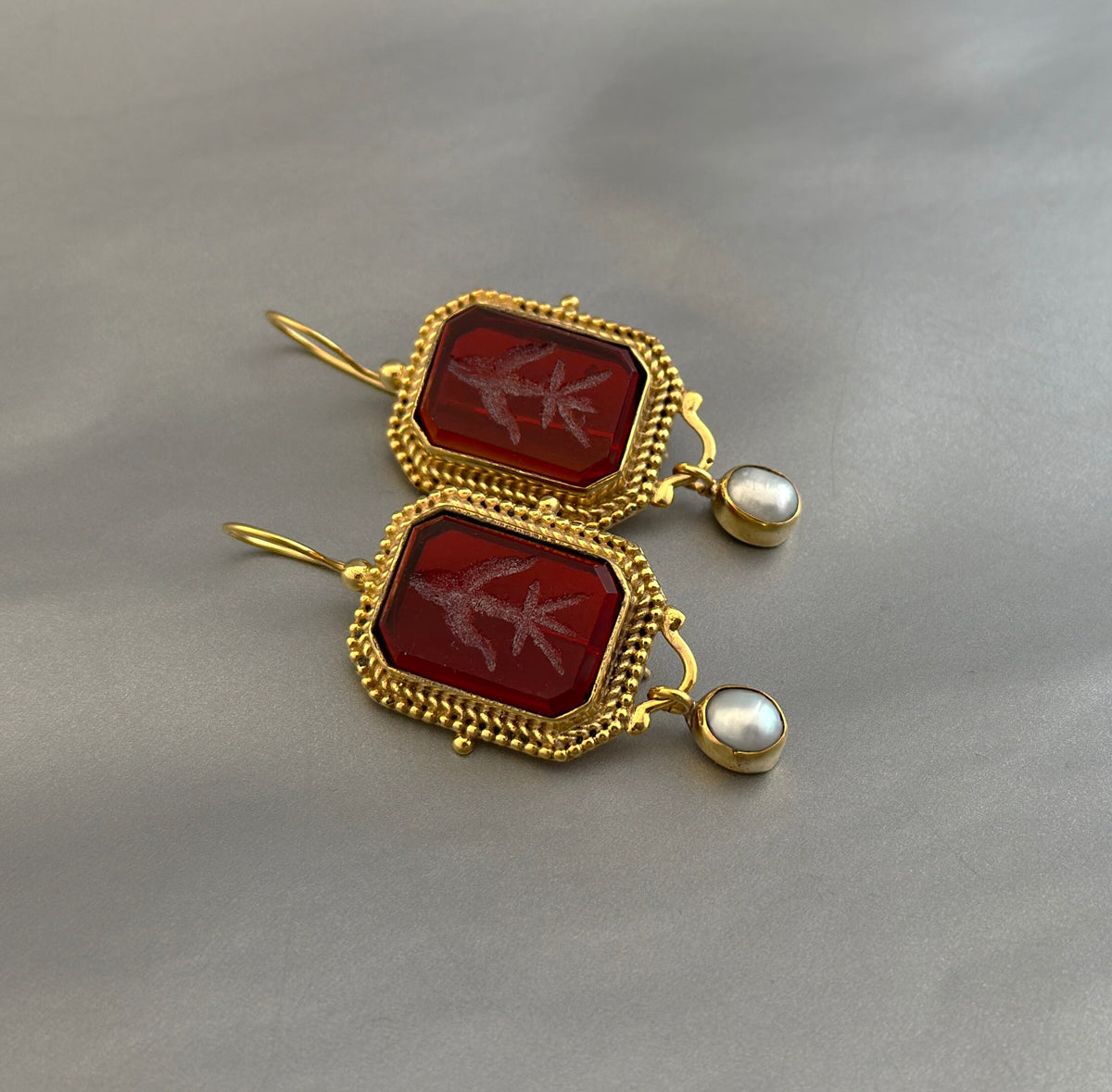 Red Glass Intaglio Earrings, Roman Style, 18K Gold, photo 8