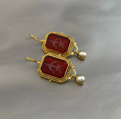 Red Glass Intaglio Earrings, Roman Style, 18K Gold, photo 8