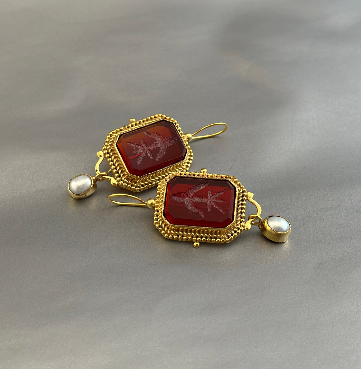 Red Glass Intaglio Earrings, Roman Style, 18K Gold, photo 5
