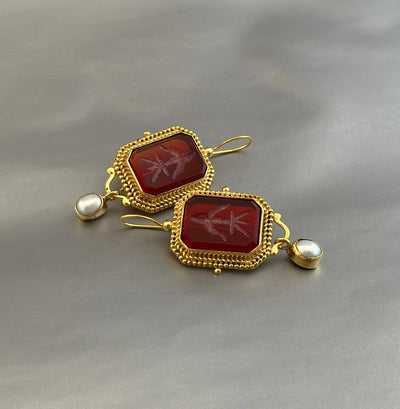 Red Glass Intaglio Earrings, Roman Style, 18K Gold, photo 5