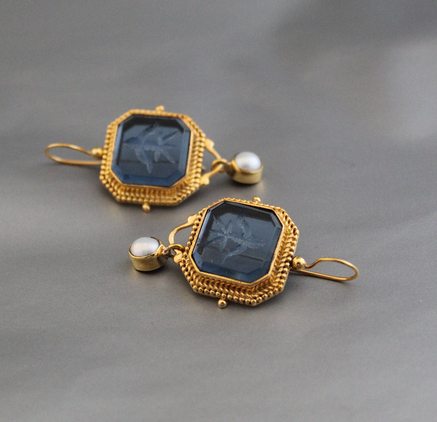 Blue Glass Intaglio Statement Earrings, Victorian Style, photo 2