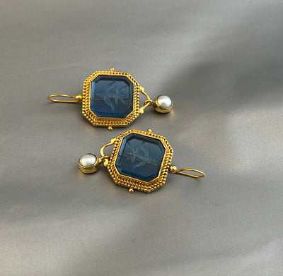 Blue Glass Intaglio Statement Earrings, Victorian Style, photo 10