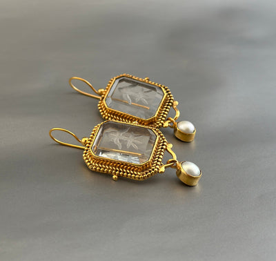 Clear Intaglio Earrings, Vintage Victorian Style, Brass, photo 2