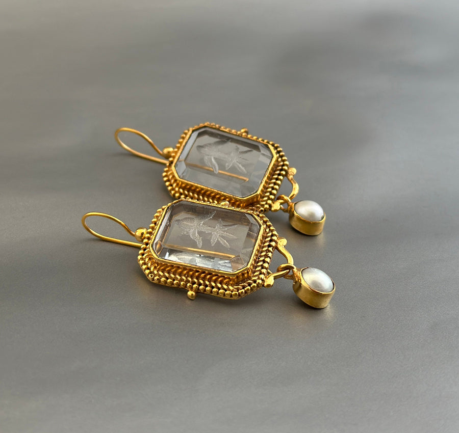 Clear Intaglio Earrings, Vintage Victorian Style, Brass, photo 2