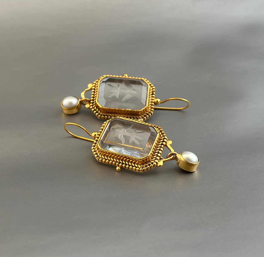 Clear Intaglio Earrings, Vintage Victorian Style, Brass, photo 9