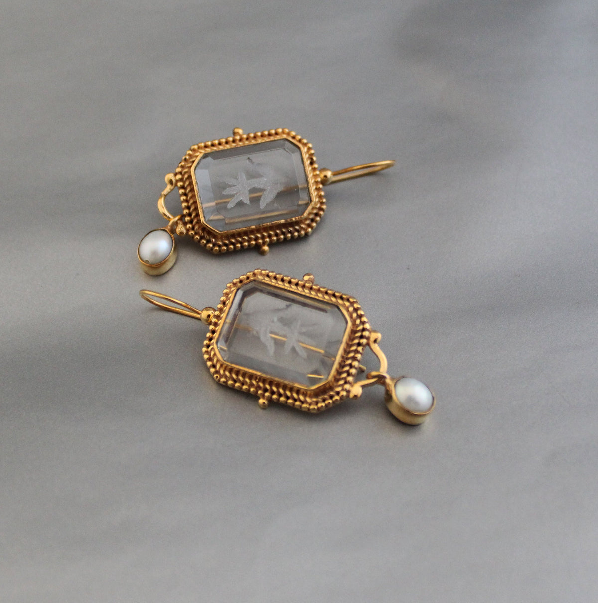 Clear Intaglio Earrings, Vintage Victorian Style, Brass, photo 8
