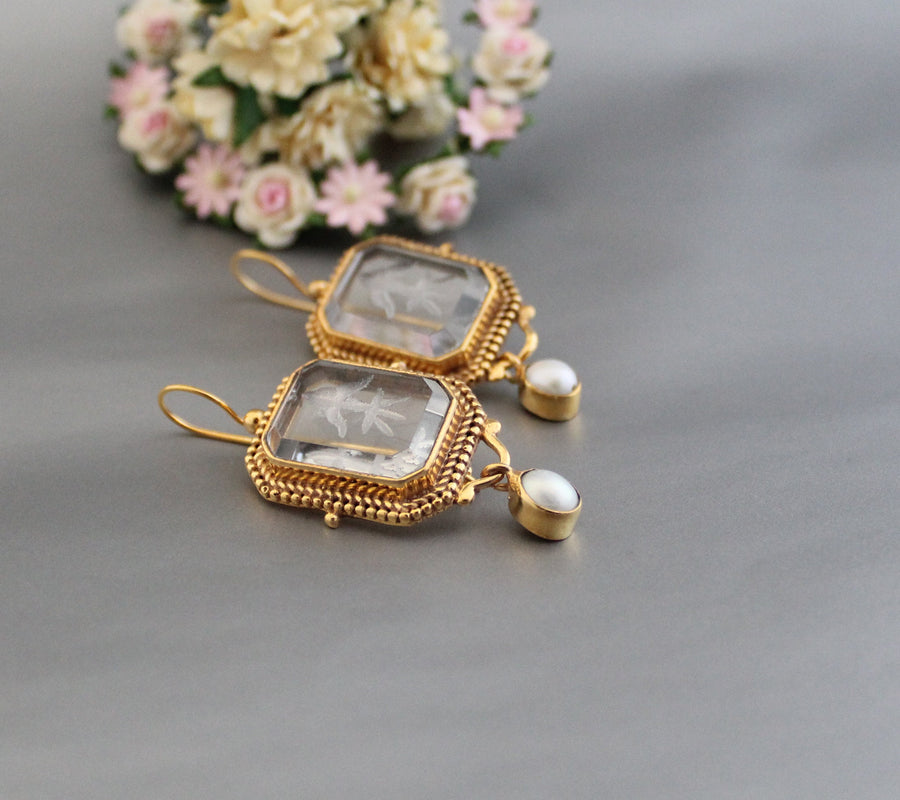 Clear Intaglio Earrings, Vintage Victorian Style, Brass, photo 6