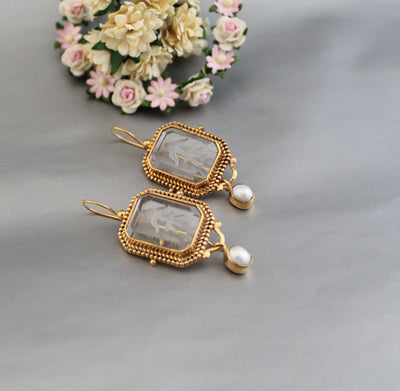 Clear Intaglio Earrings, Vintage Victorian Style, Brass, photo 5