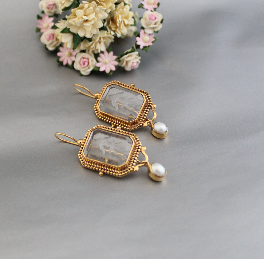 Clear Intaglio Earrings, Vintage Victorian Style, Brass, photo 5