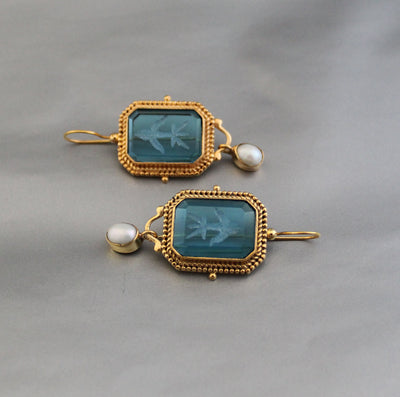 Blue Glass Intaglio Earrings, Victorian Bridal Pearl Dangles, Gold, photo 6