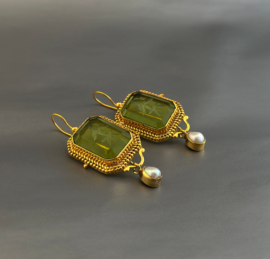 Green Intaglio Earrings, Edwardian Style, Dainty Gold, photo 2