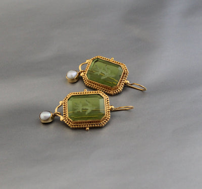 Green Intaglio Earrings, Edwardian Style, Dainty Gold, photo 6