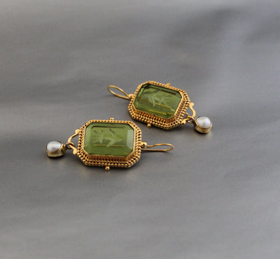 Green Intaglio Earrings, Edwardian Style, Dainty Gold, photo 5