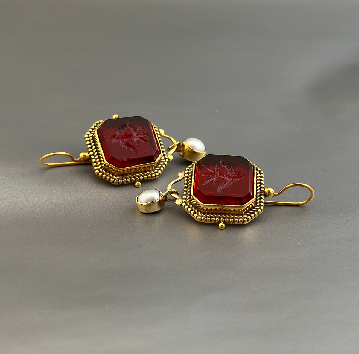 Red Intaglio Crystal Earrings, Victorian Style, photo 2