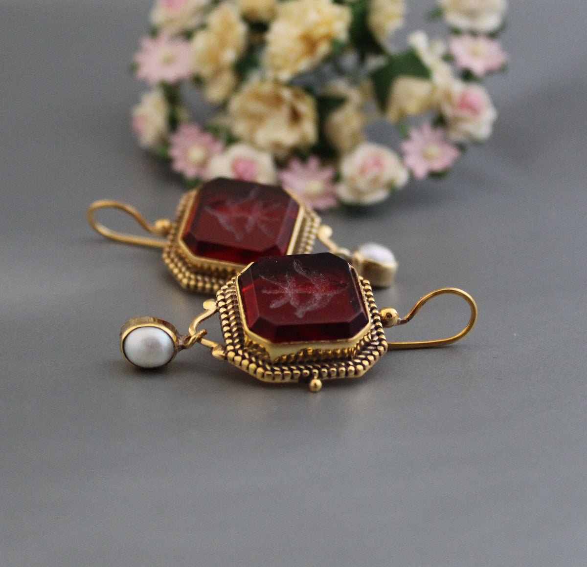 Red Intaglio Crystal Earrings, Victorian Style, photo 9