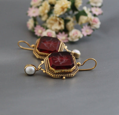 Red Intaglio Crystal Earrings, Victorian Style, photo 9