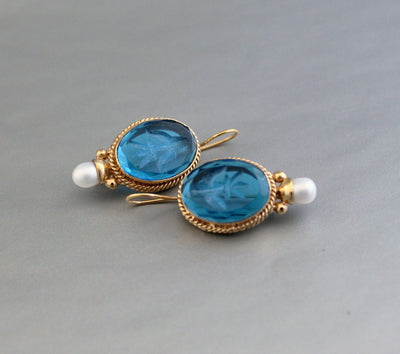 Blue Glass Intaglio Earrings, Vintage Victorian Style, 18K Gold, photo 4